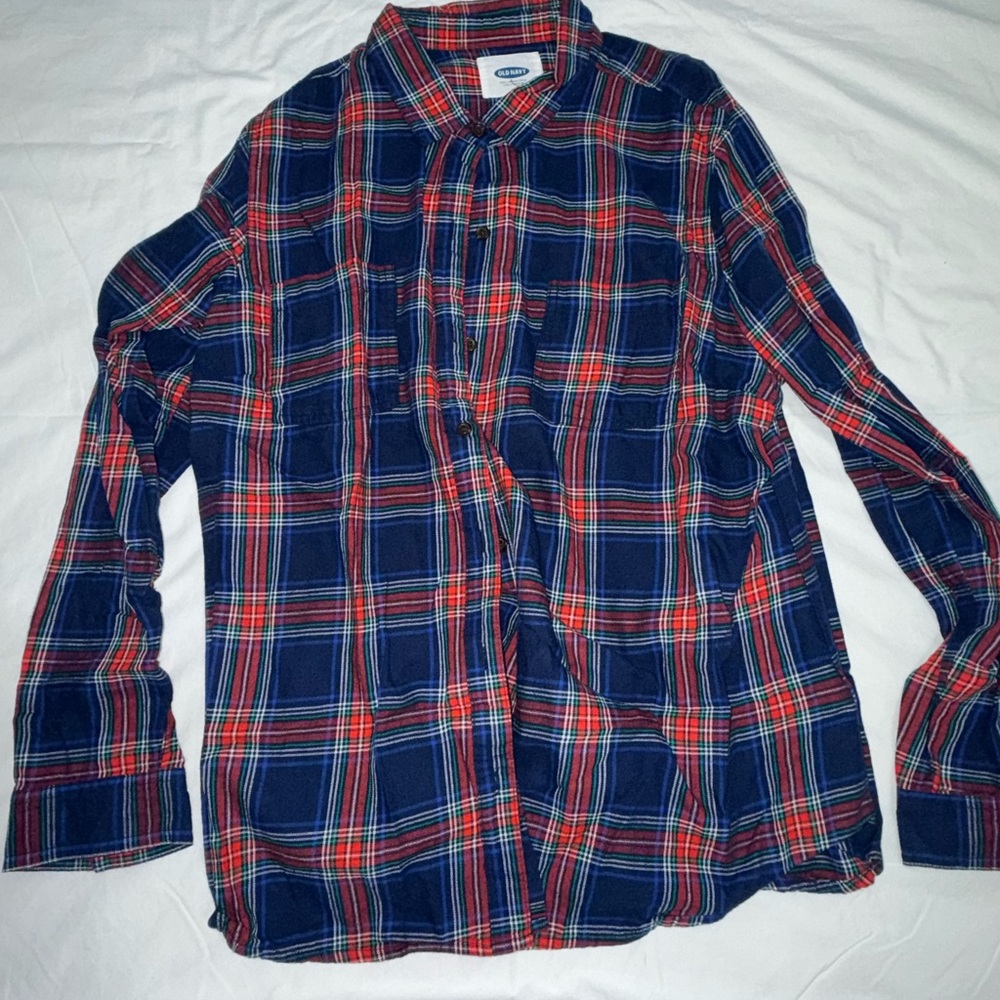 Old Navy Men's Casual Plaid Shirt - Navy and Red